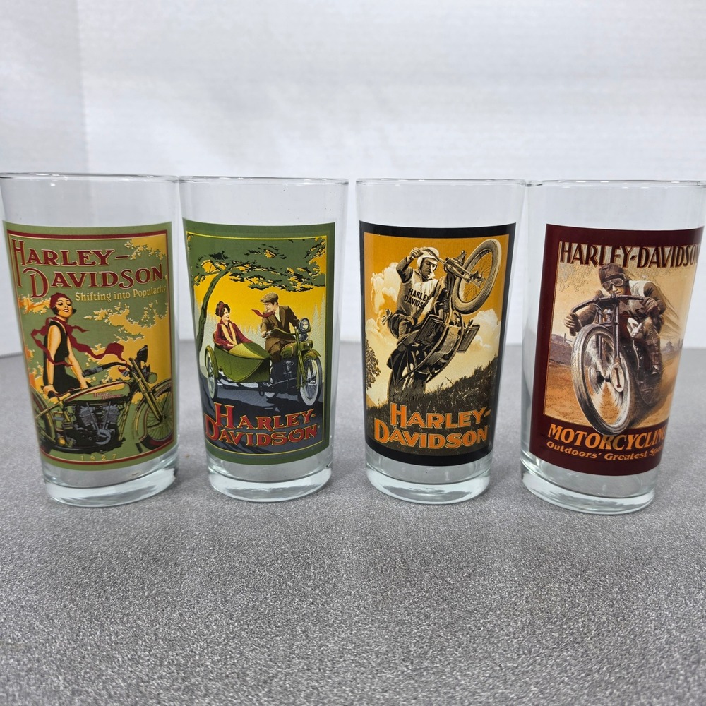 Harley-Davidson Drinking Glasses 2006 Set 4 Vintage Style Graphics